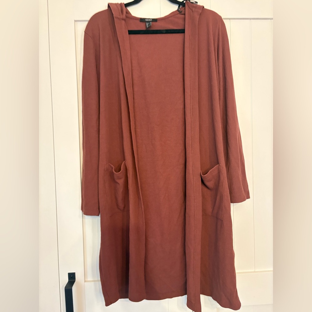 Forever 21 Terracotta Knit Cardigan EUC Size Large Rust Brown Pockets & Hood
